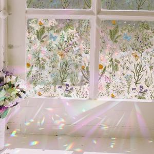 Rainbow Suncatcher Floral Window Film, Privacy Iridescent Static Cling Double-Sided Window Decals for Window Door Glass Decor, Vintage Herbs and Botanical Art, 39.37" x 16.92"