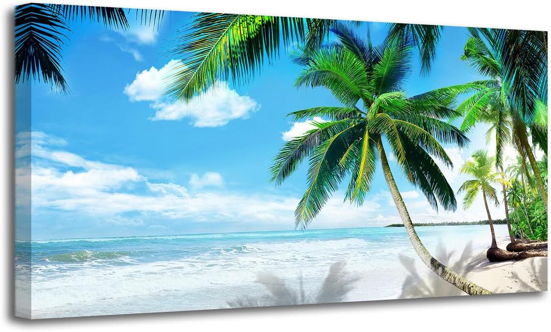 Arjun Beach Painting Blue Ocean Picture Canvas Wall Art Tropical Palm Tree Modern Landscape Artwork Framed Large Size for Living Room Bedroom Bathroom Dinning Room Home Office Wall Decor, 48"x24"