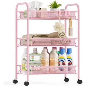 Metal Rolling Utility Cart, 3-Tier Mesh Wire Storage Trolley with Easy Assembly, Organizer Craft Cart 3 Hooks, Mobile Shelving Unit for Kitchen, Bathroom, Laundry Room, and Home (Pink)