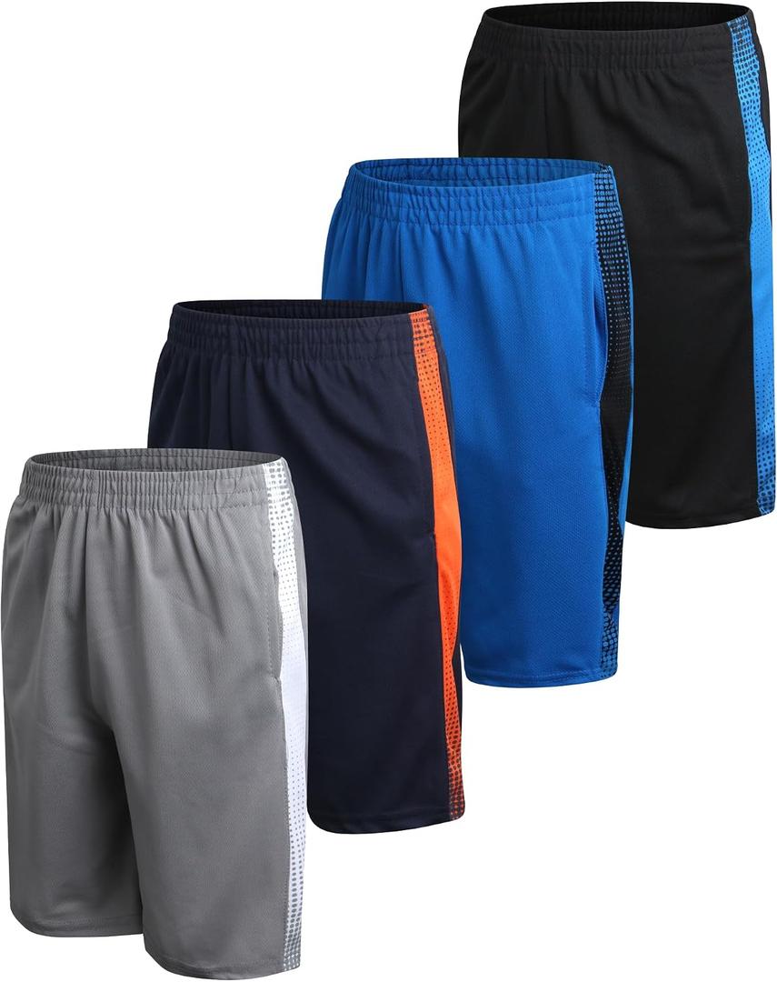 Pro Athlete Boys Basketball Shorts - 4 Pack Athletic Gym Shorts with Elastic Waistband & Zipper Pockets for Workout & Running