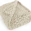 Chunky Knit Throw Blanket 60"X 80", 100% Handmade with Soft Chenille Yarn, 6.7lbs Thick Cable Knitted Blankets, Large Rope Knot Crochet Throws for Couch Sofa Bed Home Decor, Beige