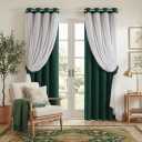 PONY DANCE Blackout Curtains 84 inches Long - Curtains for Living Room Double Layer Drapes White Sheer Overlay Light Block Room Decor, 52 by 84 inches, Hunter Green, 2 PCs