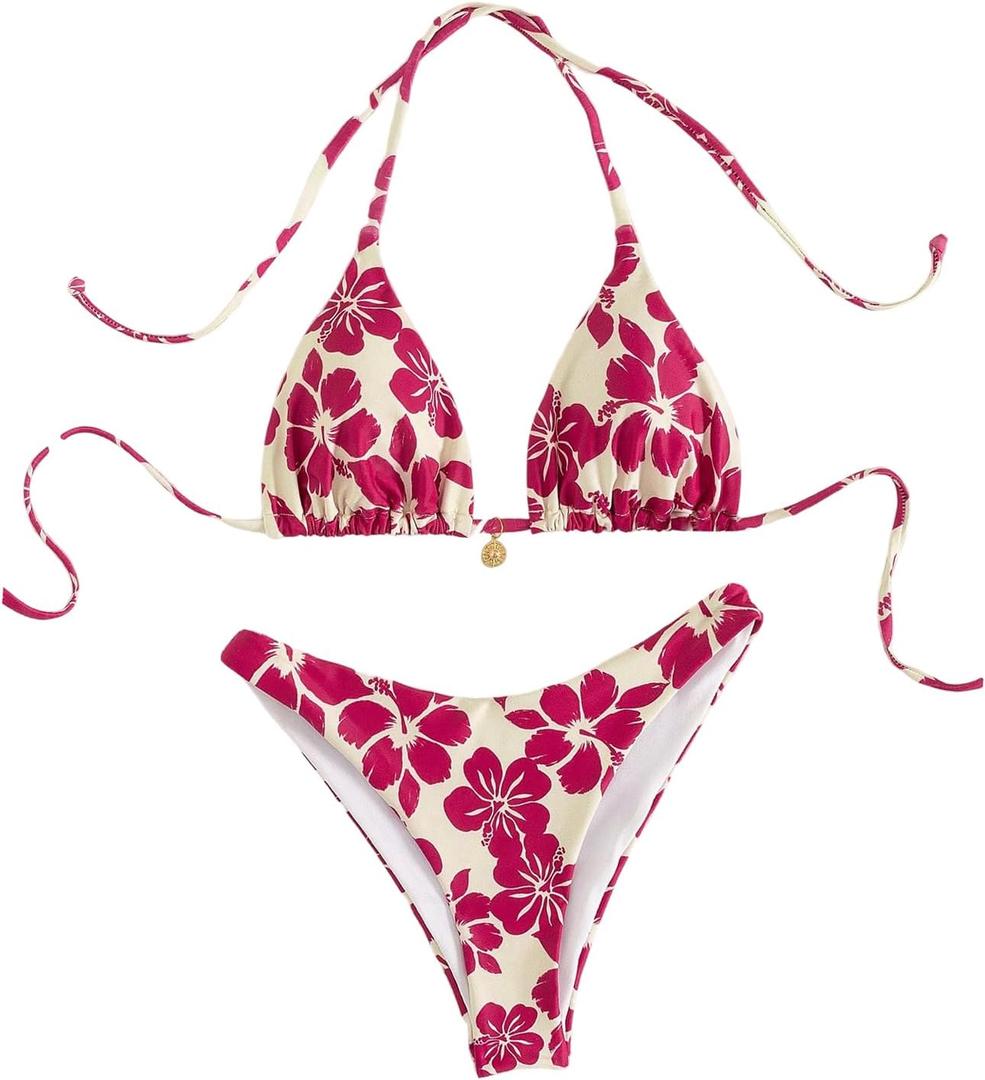 SOLY HUX Women's Boho Floral Print Halter Swimsuit Tie Back High Cut Bikini Set 2 Piece Bathing Suit, Small