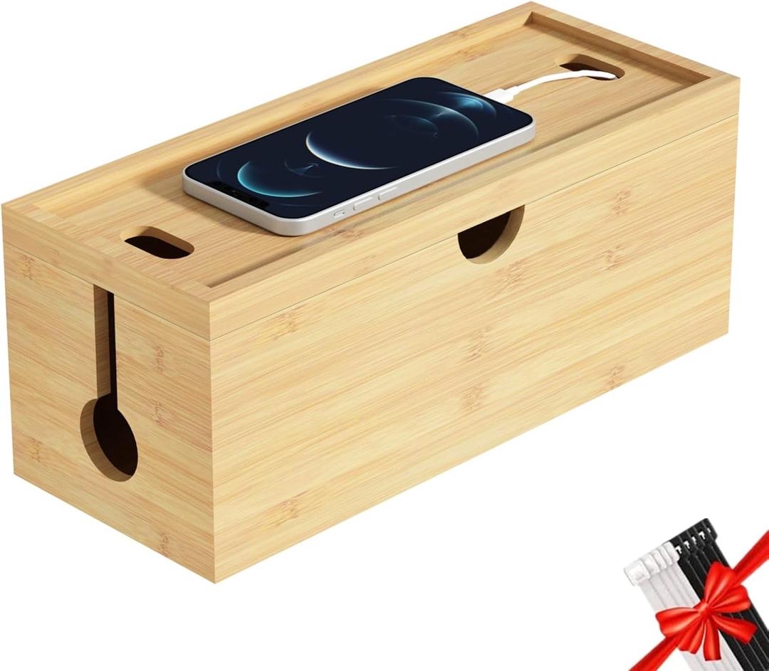 Bamboo Cable Management Box, Medium Cord Organizer Box Cable Box to Hide Wires & Power Strips for Desktop Storage Cord Holder for Office Home,No Assembley Required (Natrual)