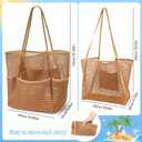 2 Pcs Mesh Beach Bags, 2 Sizes Causal Beach Bags for Women, Beach Tote Bag with Mini Pocket, Pool Bag for Travel (Khaki)
