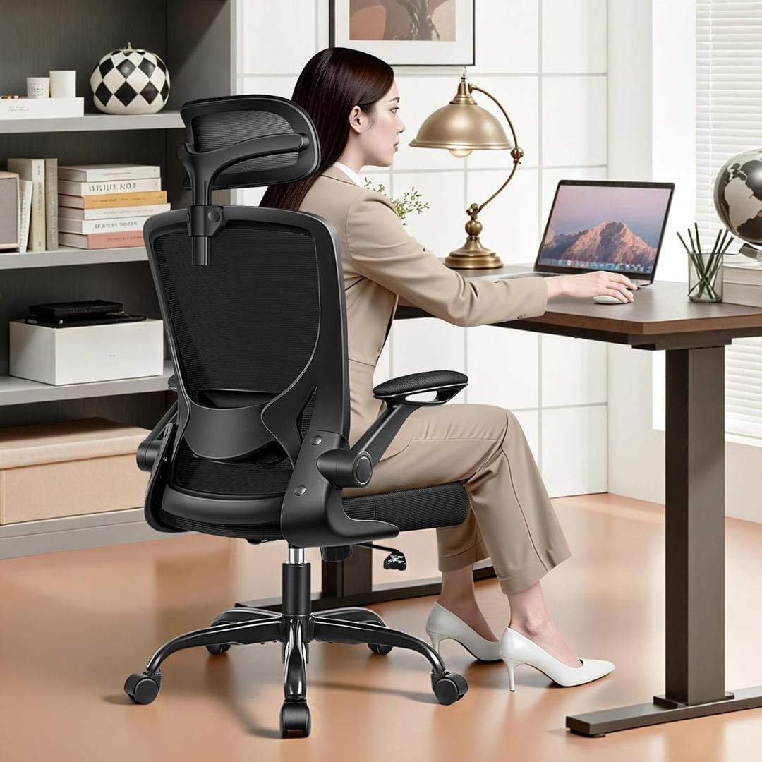 Ergonomic Office Desk Chair Comfy, High Back Mesh Office Desk Chairs with Adjustable Lumbar Support, Headrest, Flip-up Armrests, Home Computer Chair for Gaming, Work, Black (1 Pack)