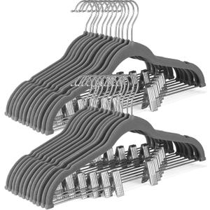 HOUSE DAY Velvet Skirt Hangers 24 Pack, Gray Hangers with Adjustable Clips, Space Saving Slim Velvet Pant Hanger, Heavy Duty Non Slip Clip Hanger for Pants, Skirts, Shorts