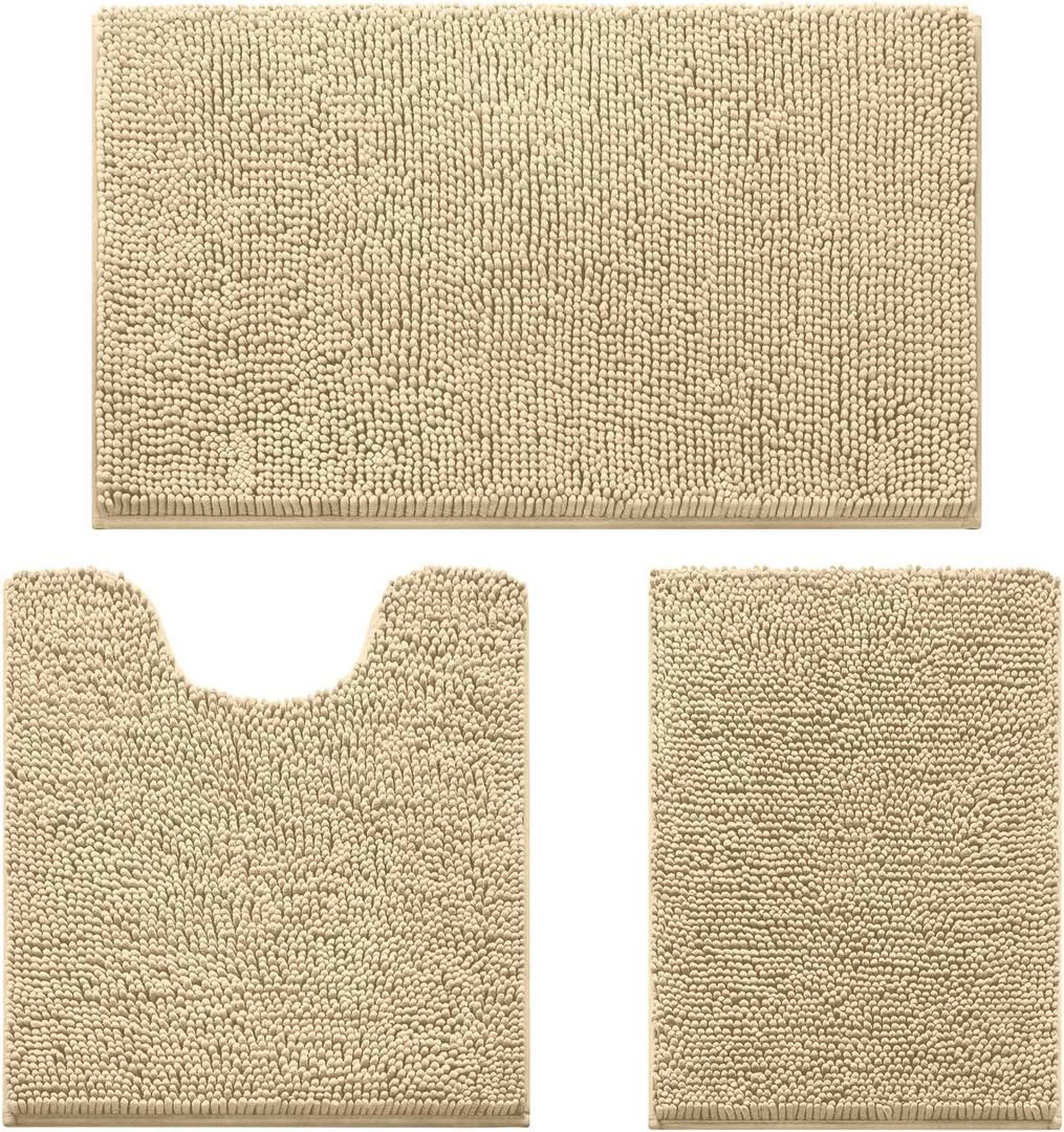 HOMEIDEAS 3 Pieces Bathroom Rugs, Ultra Soft Non Slip Absorbent Chenille Toilet Bath Mat Set (Beige) (1'8" x 2'8" (17"x24"+20"x32"+U Shape 20"x24"))