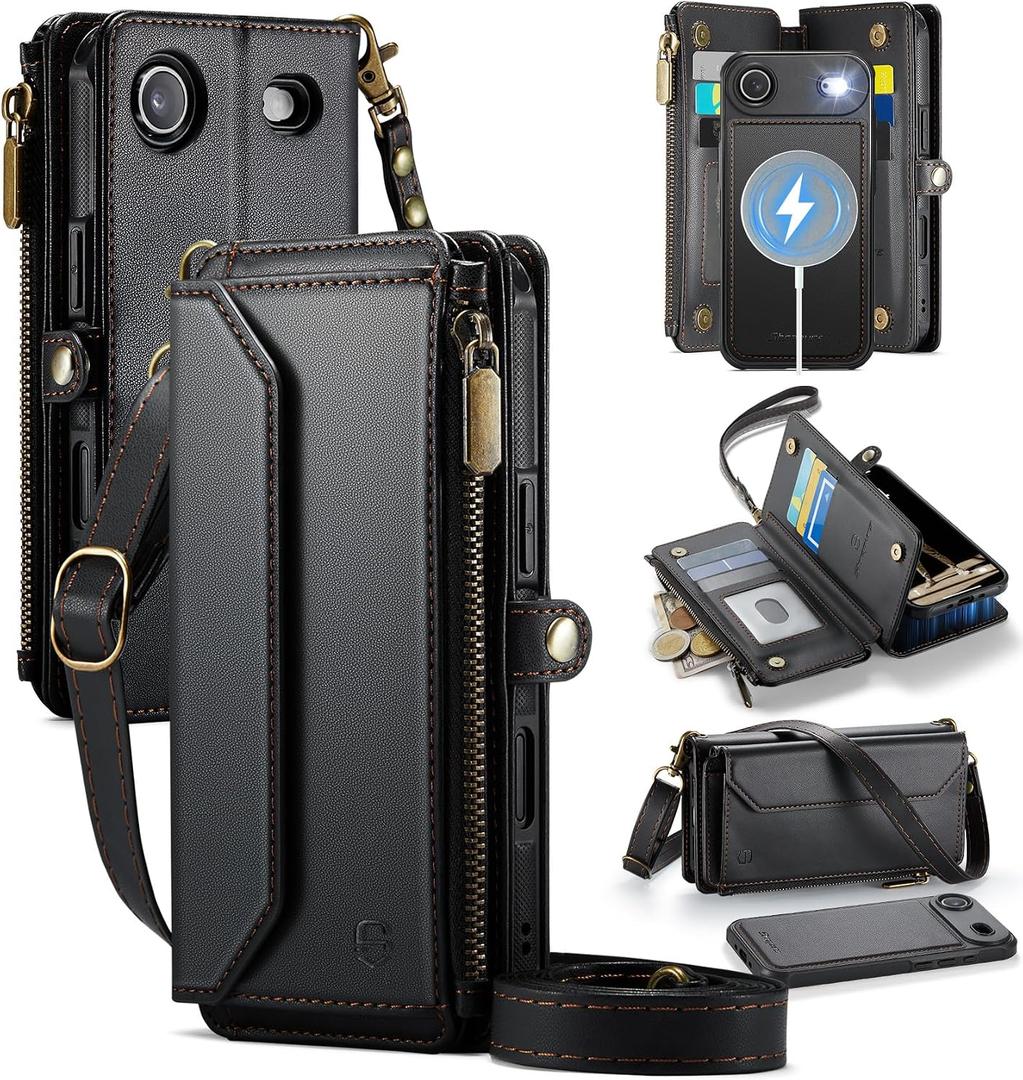 Strapurs for iPhone Air Magnetic Detachable Wallet Phone Case, Black | Compatible with Magsafe, Crossbody Wrist Strap, RFID Blocking 9-Card Holder, Zipper Pocket, PU Leather, Flip Cover for Women