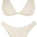 ZAFUL Women's Sexy Two Piece Swimwear Textured Triangle Plunging Neck High Cut Cheeky Bikini Set Solid Color Swimsuit (Large, Beige)