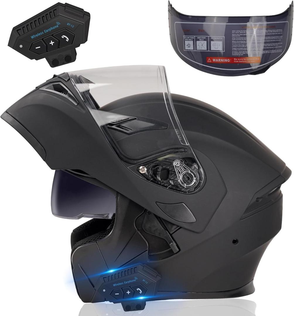 Bluetooth Motorcycle Helmet,Modular Motorcycle Helmet with Bluetooth,DOT Approved Dual Visor Full Face Flip up Bluetooth Integrated Motorcycle Helmets for Adults Men Women (Large)