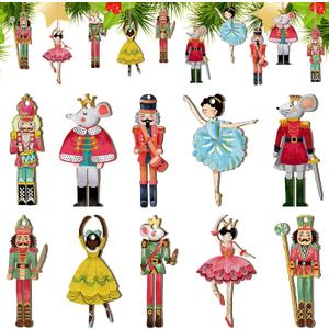 50 Pcs Christmas Wooden Nutcracker Ornaments Wood Hanging Nutcrackers Christmas Tree Hanging Decoration Wooden Ballerina Soldier King Mouse with Ropes for Christmas Tree Home Decor