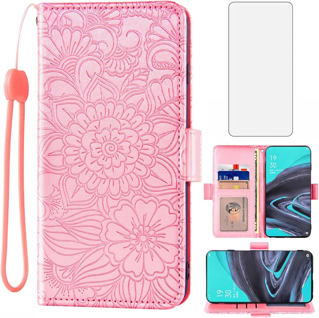 Compatible with OPPO Reno 2 Wallet Case and Tempered Glass Screen Protector Card Holder Stand Credit ID Slot Magnetic Leather Flip Cell Accessories Phone Cover for Reno2 2019 Women Men Rose Gold