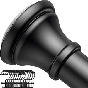 Black Shower Rod with 12 Hooks, 43-72 Inches, Rust Resistance, Adjustable Tension Rod with Durable Spring, No Drilling - Use For Bathroom, Bedroom, Home, Matte Black