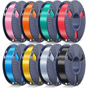 JAYO Silk PLA Filament Bundle 1.75mm, Silk 3D Printer Filament Bundle Multicolor, Individually Vacuum Packed, 8 Pack, Shiny Silk 2KG in Total, Light Gold+Silver+Black+Blue+Red+Green+Orange+Pink