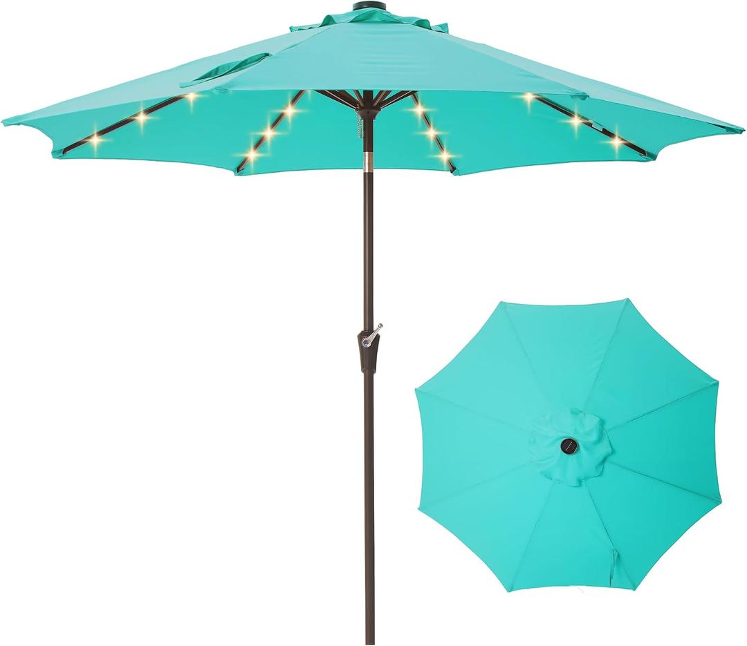 9FT Solar-Powered LED Patio Umbrella with Tilt Crank,Outdoor Market Umbrella with 32 Lights,Sunshade for Deck, Garden and Pool