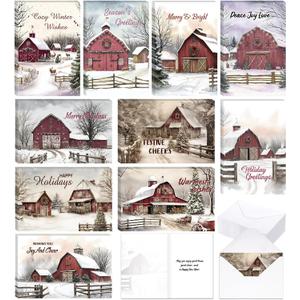 Gersoniel 50 Set Christmas Winter Barn Greeting Cards with Envelopes 10 Designs Vintage Rustic Winter Farmhouse Holiday Snow Scene Cards for Christmas Holiday Gift Supplies, 6 x 8 Inch