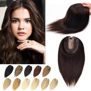 Real Human Hair Toppers for Women with Thinning Hair - Silk Base Crown Topper, No Bangs, Clip-in, 12 Inch #2 Dark Brown