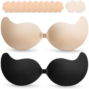 Cmojsk Strapless Sticky Push-Up Bra for Women, Adhesive Invisible Backless Nipple Covers, 2 Pair Black/ Beige