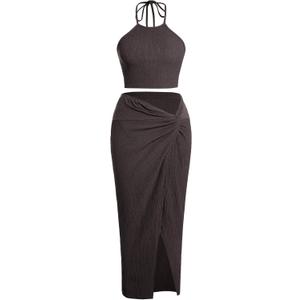 BEAUDRM Women's 2 Pieces Summer Sets Textured Halter Crop Top and Split Maxi Skirt Set Going Out Vacation Beach Outfits (Brown, M)