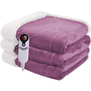 Heated Blanket Electric Blanket Full Size 72''x84'' with 9 Heating Levels, 110 Hour Auto Shut Off, Machine Washable, Flannel & Sherpa Soft Warming Blanket for Couch, Bed, Office  Purple