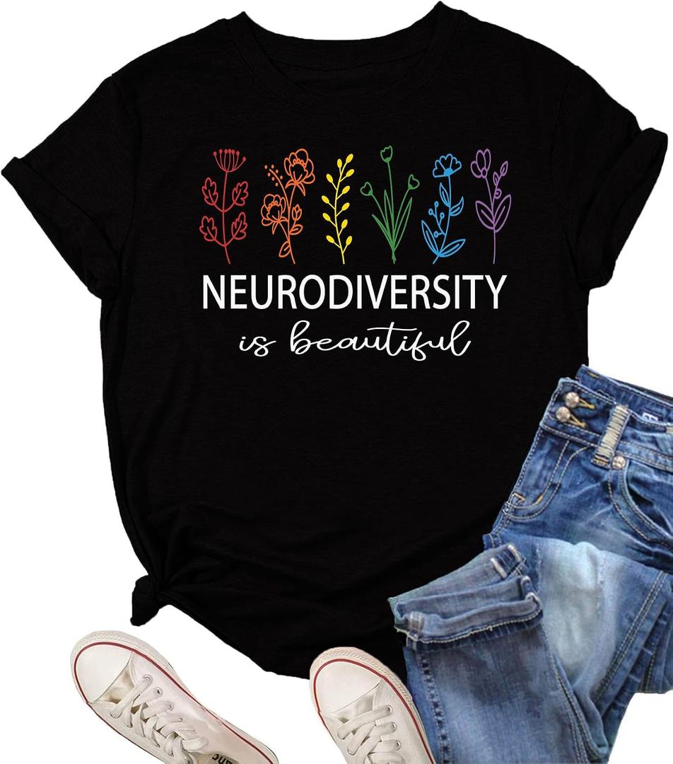 Womens Neurodiversity Shirt Autism Awareness Tshirts Mental Health Awareness Short Sleeve Tops (Black, L)