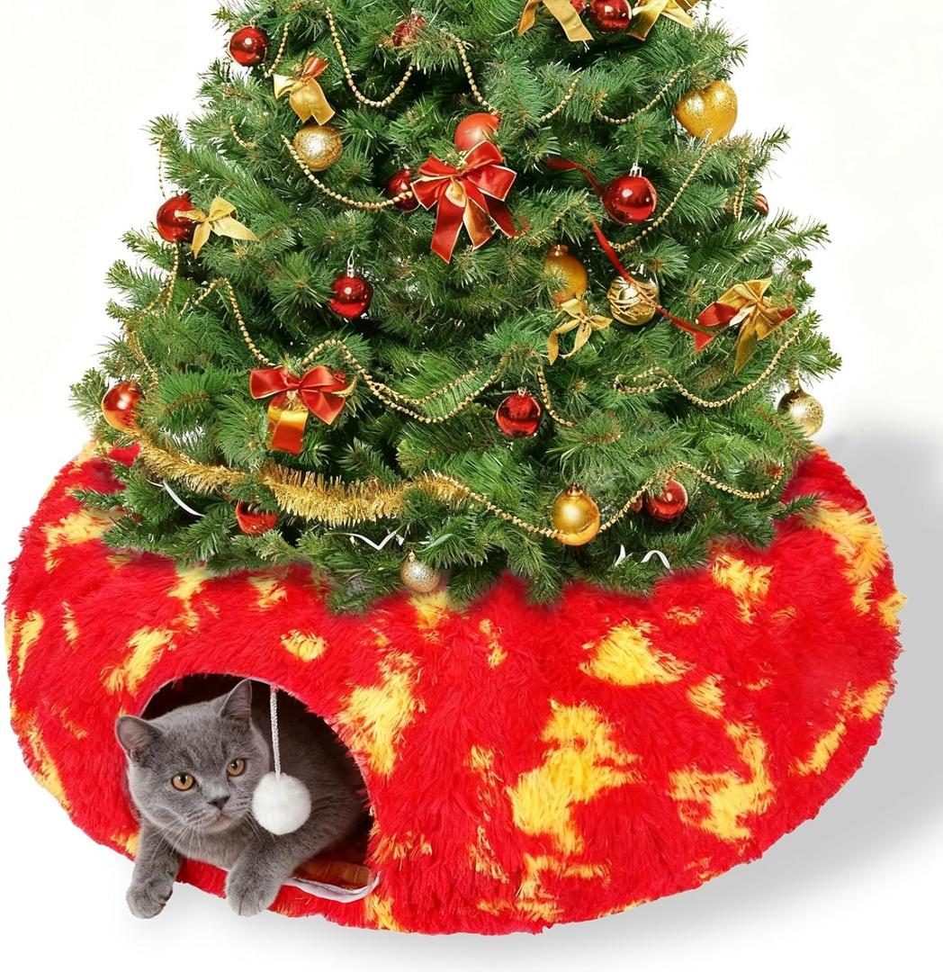 Cat Tunnel Christmas Tree Skirt - Christmas Cat Toy Circle Tunnel with Toy Ball, Soft Plush Multifunctional Decorative Cats Tunnels Bed for Indoor Cats(Red)