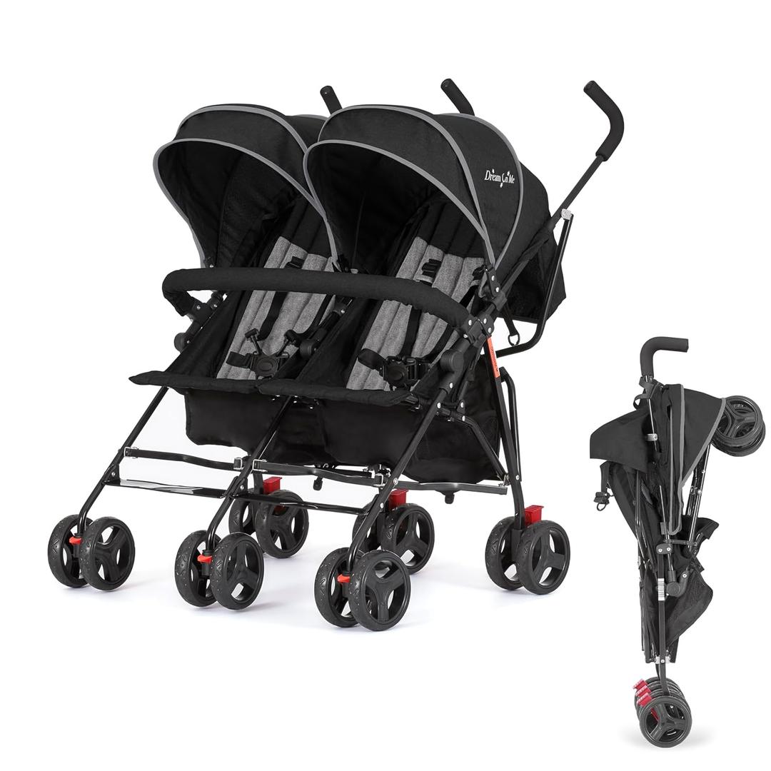 Dream On Me Volgo Twin Baby Stroller, Lightweight Side-by-Side Double Umbrella Stroller with Adjustable Canopy, 5-Point Harness, Storage Basket & Travel-Friendly Fold Black