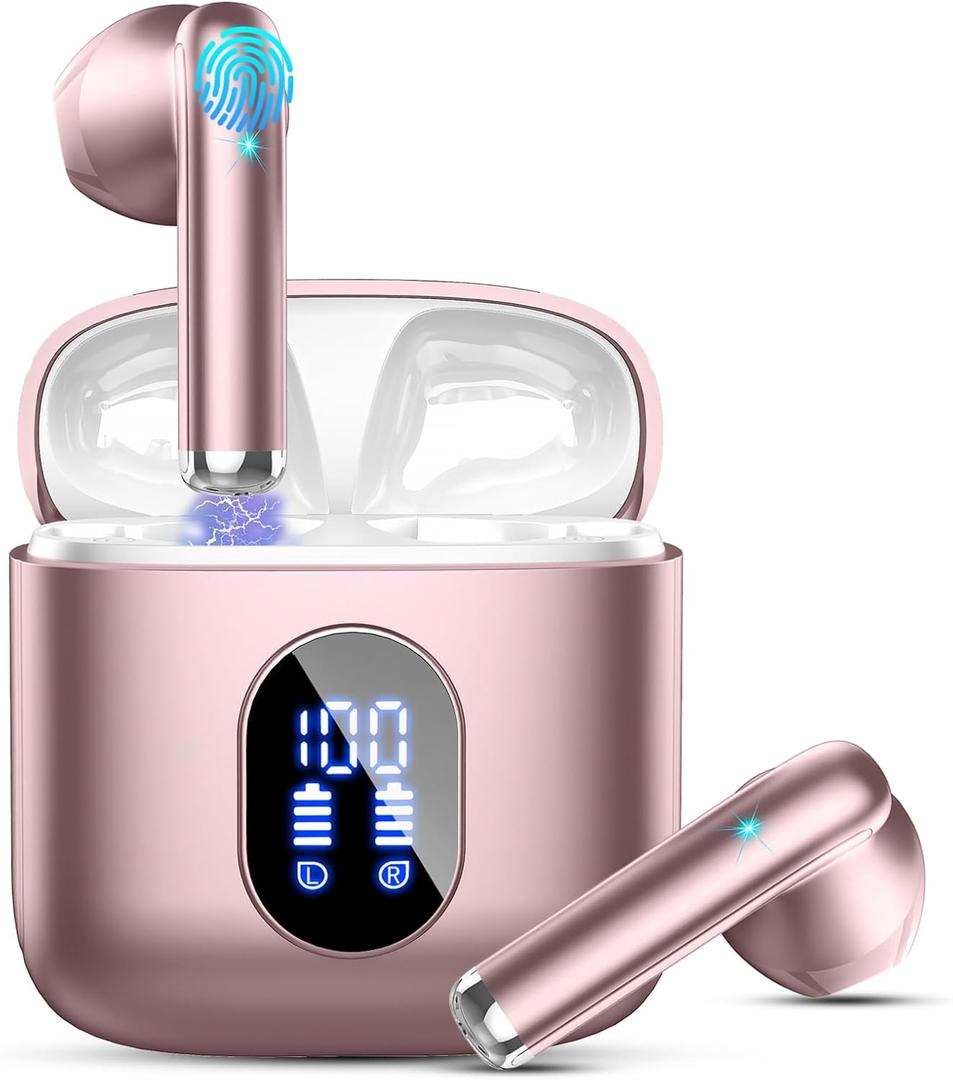 Wireless Earbuds, Bluetooth Headphones 5.4 with ENC Noise Cancelling Mics, 30H Bluetooth Ear buds Bass with Dual LED Display Charging Case, IP7 Waterproof Wireless Earphones for Android/iOS, Rosegold