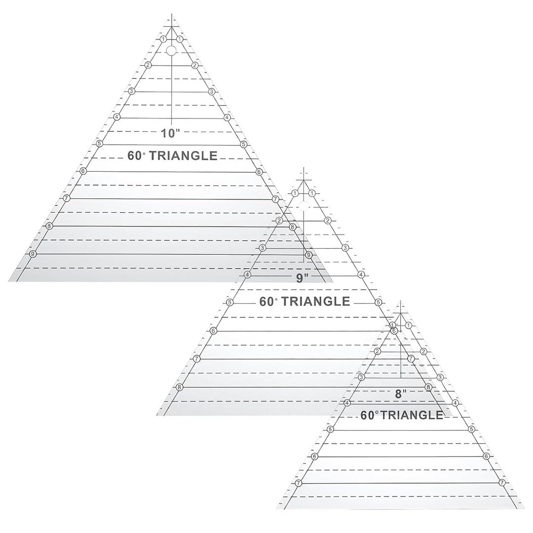 3 Pcs 60 Degree Triangle Ruler for Quilting, 8, 9, 10 Inch Acrylic Template Ruler Non-Slip Transparent Quilting Sewing Tool Patchwork Supplies for Charm Packs, Layer Cakes, Fabric Strips