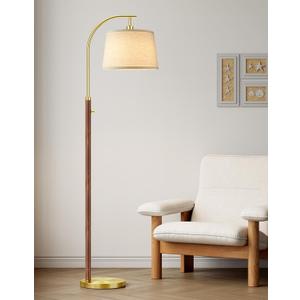 Dimmable Floor Lamp for Living Room, 65" Tall Metal Standing Lamp with LED Bulb, Mid Century Modern Arc Floor Lamp with Linen Shade for Bedroom, Reading Room, Office & Nursery, Gold and Walnut Color
