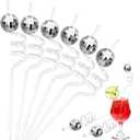 Chengu 24 Sets Disco Party Decorations, 70s Disco Ball Straw, Glitter Mirror Ball and Silver Plastic Straws for 1970s Retro Theme Bachelorette Party Decorations Birthday Supplies