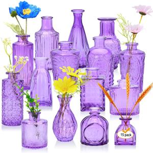 Glass Bud Vase Set of 15,Small Glass Vases for Flowers,Vintage Bulk Purple Mini Glass Vases for Centerpieces,Rustic Wedding,Decoration,Floral Arrangement