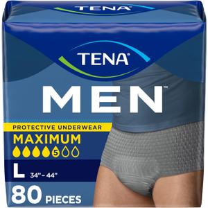 Tena Protective Incontinence Underwear for Men, Maximum, Large, Grey, 80 Count (Waist Size 34 In-44 In)