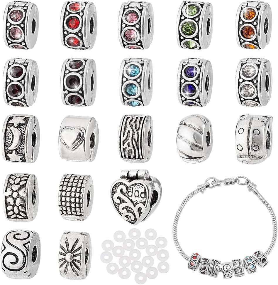 PH PandaHall 20 Pcs Clip Lock Bead Charms Large Hole Beads Clip on Beads with 20 Pcs Silicon Rubber Stopper O-Rings Fit European Style Bracelet for DIY Bracelet Jewelry Making