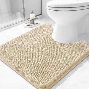 Arotive Bathroom Toilet Rugs U Shaped 24x24, Extra Soft Absorbent Shaggy Chenille Contour Bath Rugs for Toilet, Machine Washable Non-Slip Contoured Bath Mats, Beige