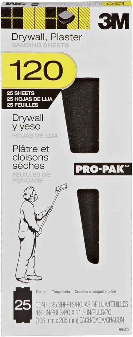 3M Pro-Pak Drywall Sanding Paper, 25 Sheets, 120 Grit, 4.2 in x 11.25 in, Pre-Cut Sheet Fit Most Drywall Sanding Tools, Heavy-Duty Paper Backing Resist Tearing, Resist Clogging For Longer Life (99430)