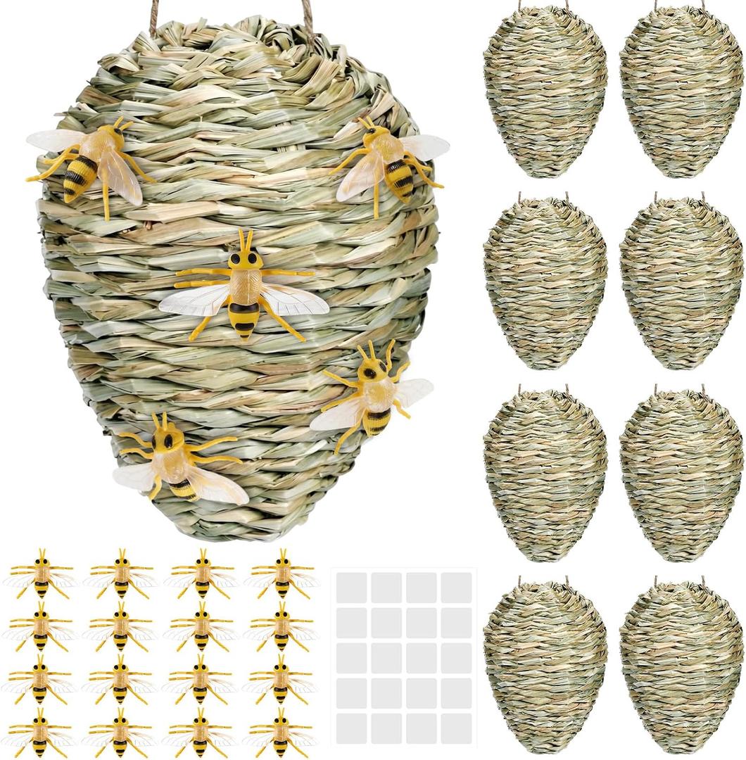 26 Pcs Wasp Nest Decoys Outdoor Set, 8 Handwoven Reed Hornet Nest Deterrent with 16 Realistic Bees & 2 Adhesive Dots, Waterproof Hanging Fake Wasp Nests for Garden, Patio, Porch, Yard