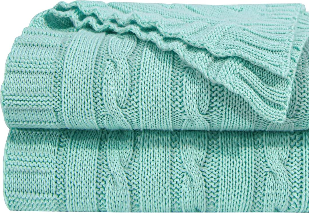 NTBAY 100% Pure Cotton Cable Knit Throw Blanket, Super Soft Warm 51x67 Knitted Throw Blanket for Couch, Sofa, Chair, Bed - Extra Cozy, Machine Washable, Comfortable Home Decor, Mint