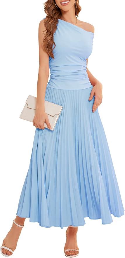 Bbonlinedress Formal Maxi Prom One Shoulder Pleated Cocktail Dress Women Wedding Guest Summer Daily Long Party Dresses, Size Medium 