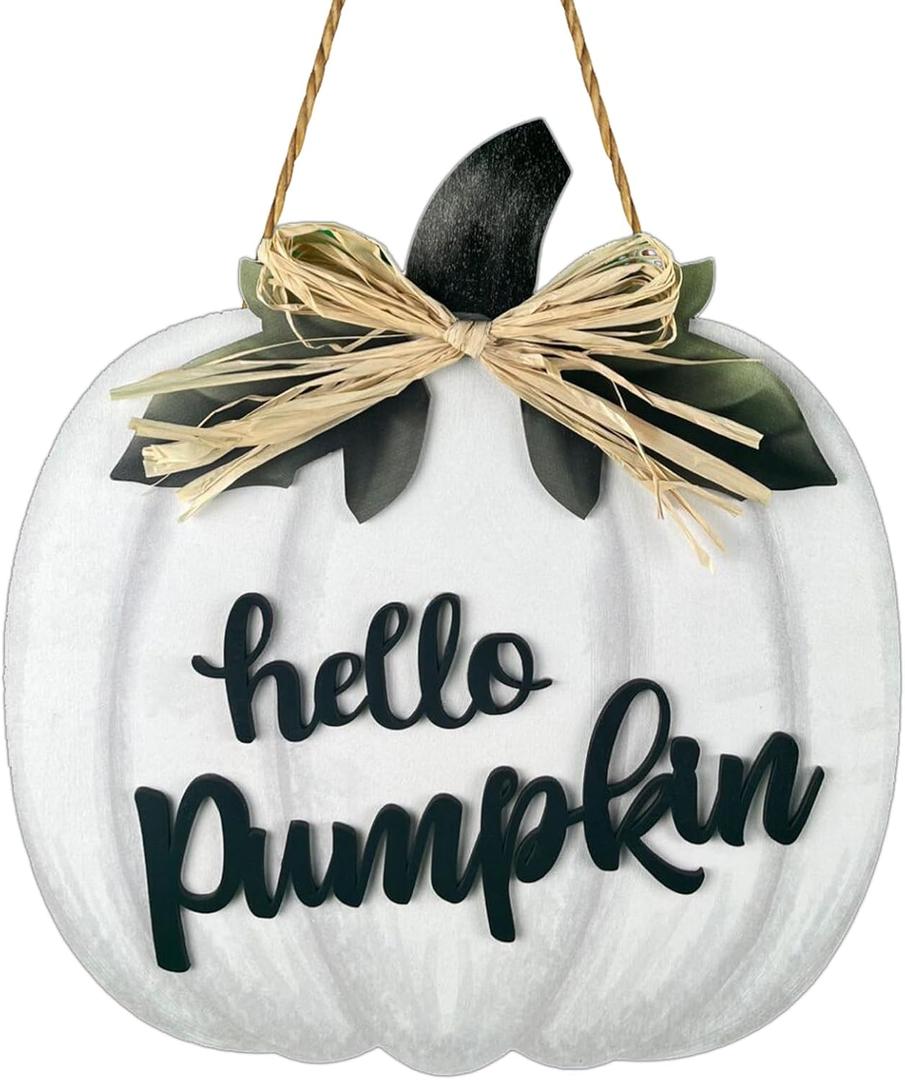 Fall Door Decor White Pumpkin Wall Decor Hello Pumpkin Sign with Raffia Bow Fall Decorations for Home Porch Wooden Front Door Hanger for Harvest Thanksgiving Indoor Outdoor Home Decorations