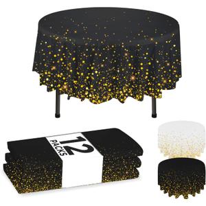 NORZEE 12-Pack Black Disposable Tablecloths, 84" Round Table Cover, Plastic Tablecloth With Gold CONFETY
