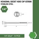 uxcell Hex Socket Bolts (1/4"-20x4), 304 Stainless Steel Hex Socket Drive Screw, Silver Tone, 10 Pcs