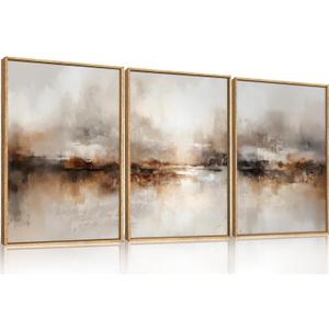 Large Abstract Brown Pastel Framed Canvas Wall Art,Neutral Black Gray Wall Decor,Modern Brush Stroke Painting,Minimalist Textured Artwork for Living Room,Bedroom,Dining Room,Office -16"x24"x3
