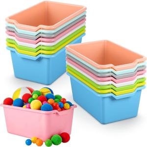 16 Pcs Plastic Book Bins, Scoop Front Cubby Storage Bins, 8 Color Stackable Organizer Tubs Containers Multi Functional Box for Books, Supplies, Home Office Playroom, 11.42x7.48x4.92 Inch
