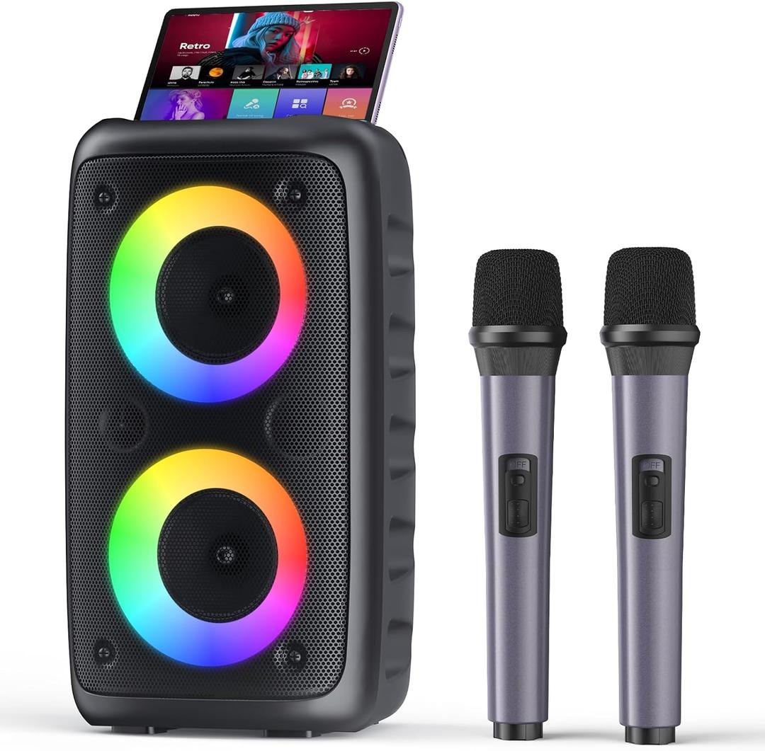 Karaoke Machine, Portable Bluetooth Speaker, PA Speaker with 2 Wireless Karaoke Microphones, Karaoke Machine for Adults Kids with Upgraded Subwoofer, Support TWS/TF/USB/AUX for Home Party Outdoor