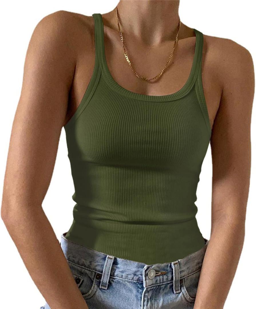 Artfish Women's Sleeveless Tank Top Form Fitting Scoop Neck Ribbed Knit Basic Cami Shirts (Green, S)