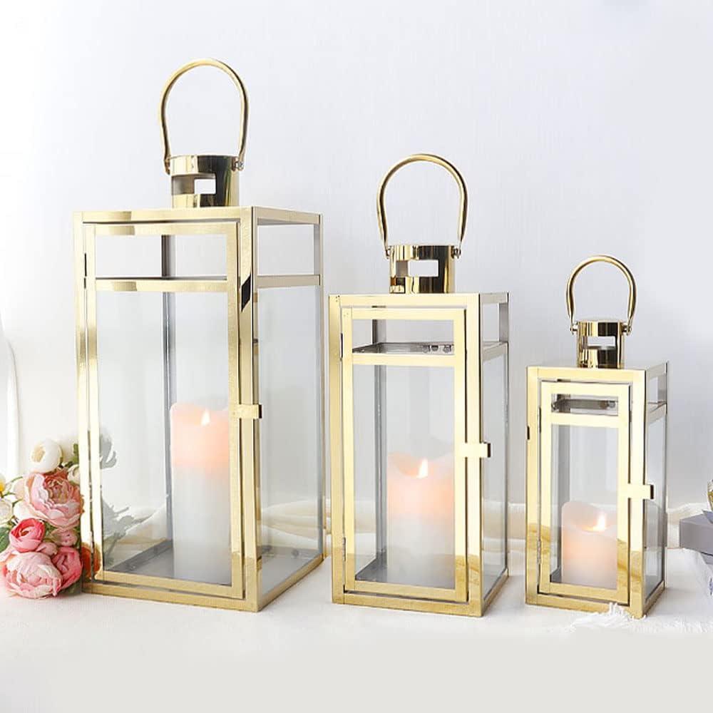 TRIROCKS Elegant Gold Stainless Steel Lantern Set- 3 Sizes (12", 15", 19") - Tempered Glass Panel Metal Lanterns for Versatile Indoor & Outdoor Decorating - Perfect for Celebrations (Large)