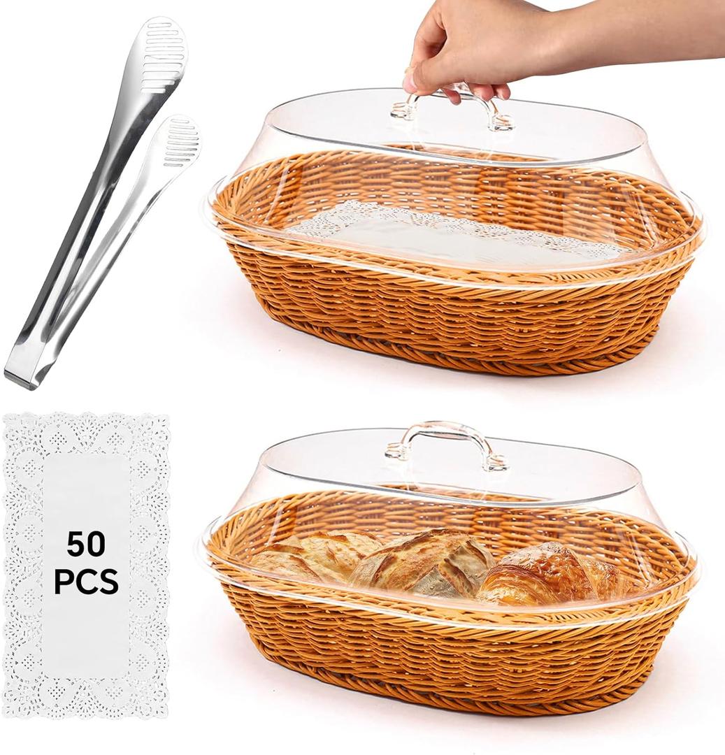 Rattan Bread Baskets, 2 Pack, Oval Woven Baskets with Acrylic Lids, 15.75 x 11.81 inches, Stainless Steel Tongs, Lace Doilies, for Bread, Fruit, Food Display