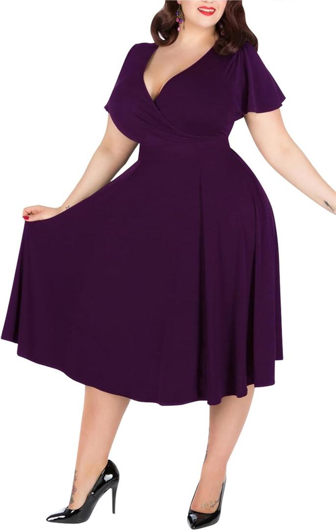 Nemidor Plus Size Dresses for Curvy Women Casual Summer V Neck Short Sleeve Midi Cocktail Vintage Dress with Pocket (133+dark Purple), Size 24 